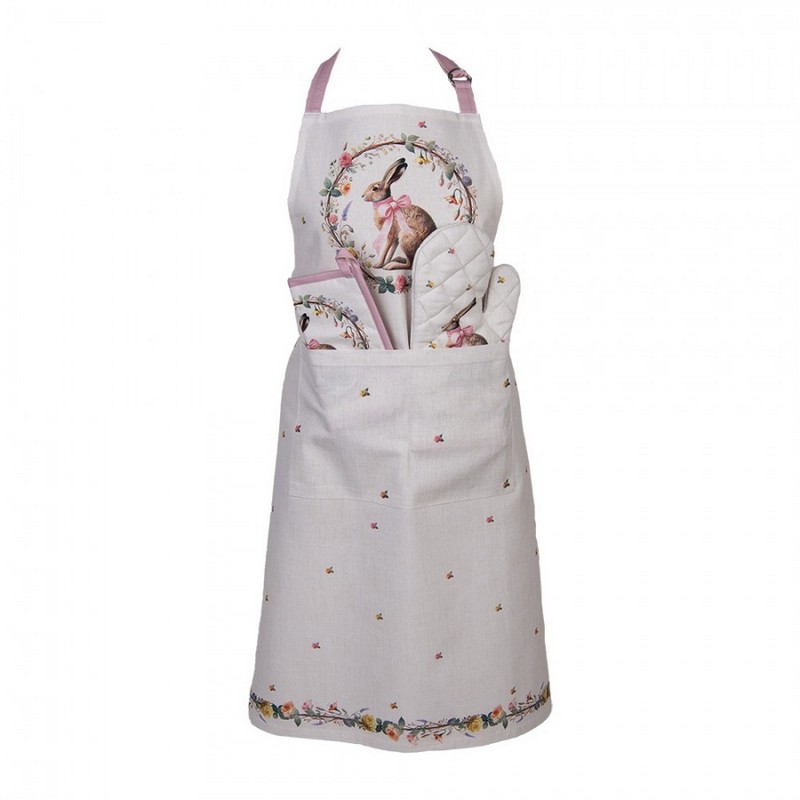 Grembiule da cucina in cotone decorato con lepre con fiocco rosa in ghirlanda, perfetto come regalo di Pasqua